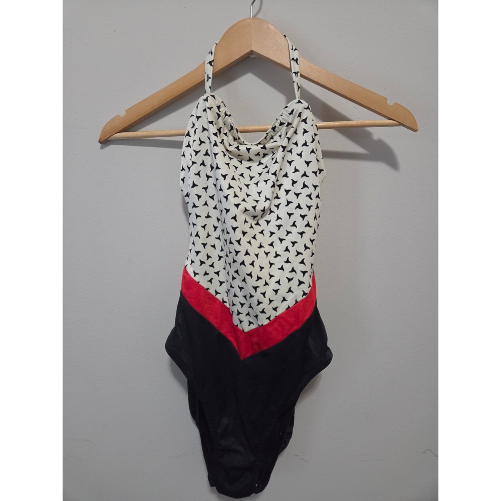 Vintage Sirena Halter One Piece Swimsuit Size 12 Red Black White Geometric Print